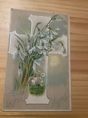 Vintage Easter Postcard Embossed Cross Snowdrops Bunny Handwritten Postmark - Image 1