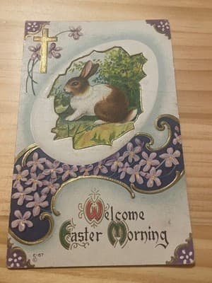 Vintage Embossed Easter Postcard Printed Germany Rabbit Welcome Easter Morning - Image 1