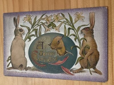 Vintage Easter Postcard Rabbits Chick Embossed A Joyful Eastertide Handwritten - Image 1