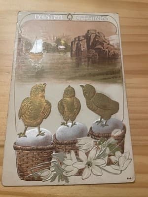 Vintage Easter Postcard Embossed Gold Foil Chicks on Eggs Postmarked Divided - Image 1