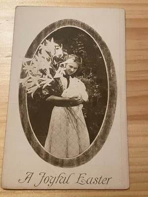 A Joyful Easter Postcard Embossed Girl with Lilies Printed in Germany Vintage - Image 1