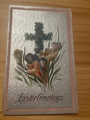 Raphael Tuck & Sons Easter Postcard Embossed Silver Cross Flowers Divided Back - Image 1