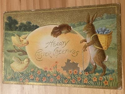 Vintage Easter Postcard Embossed Bunny Hearty Easter Greetings Gold Border - Image 1
