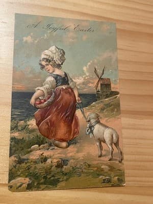 Vintage Easter Postcard Girl with Lamb Seaside Scenic Divided Back Van Nuys 1912 - Image 1