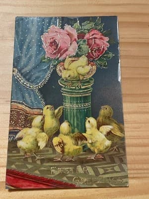 Vintage 1911 Embossed Easter Postcard Chicks Roses Gold Foil Handwritten Stamped - Image 1
