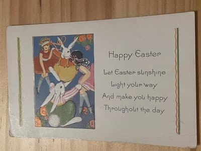 Vintage Embossed Happy Easter Postcard Rabbits Children 1c Stamp Postmarked - Image 1