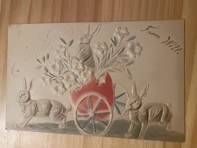 Vintage Embossed Easter Postcard Rabbits Cart Flowers Handwritten Postmarked - Image 1