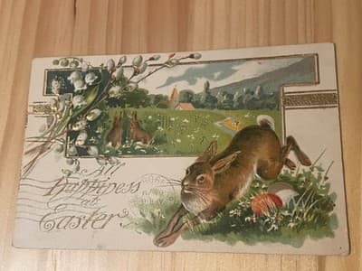 Vintage Easter Embossed Rabbit Postcard Gold Printed in Germany Postmarked - Image 1