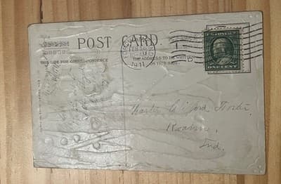 Vintage 1911 Valentine Postcard Embossed Cupid One Cent Stamp Postmark Roann IN - Thumbnail 2