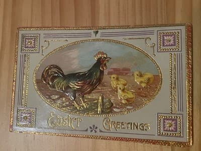 Vintage Easter Postcard Embossed Rooster Chicks Gold Gilt 1910 Postmarked - Image 1