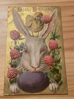 Vintage 1912 Easter Postcard Embossed Gold Foil Bunny Chick Floral Stamped - Image 1