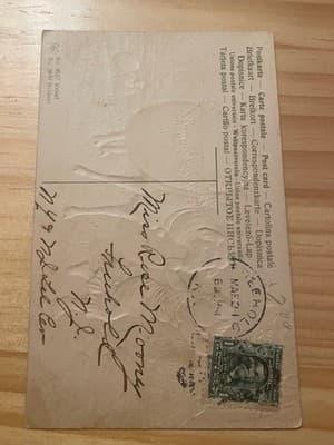Vintage Embossed Easter Postcard Rabbits Cart Flowers Handwritten Postmarked - Thumbnail 2