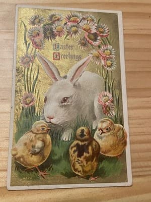 Vintage Easter Postcard Rabbit Chicks Gold Foil Floral Printed in Germany Mailed - Image 1