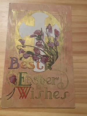 Vintage Easter Postcard Embossed Cross Flowers Best Easter Wishes Unposted - Image 1