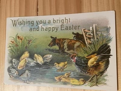 Vintage Easter Postcard Hen Chicks Cow Scene Postmarked Addressed US 2c Stamp - Image 1