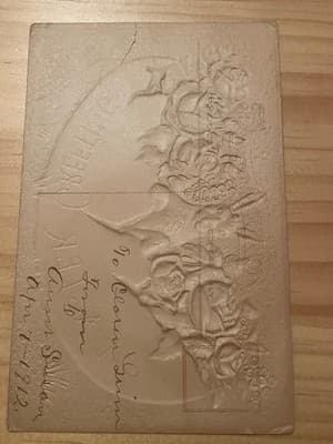 Vintage Embossed Easter Postcard 1912 Handwritten To Clarence Bunny in Basket - Thumbnail 2