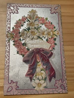 FA Owen Easter Postcard Floral Wreath Easter Greetings Postmarked Medina OH 1911 - Image 1