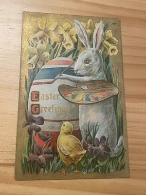 Vintage Easter Postcard Embossed Bunny Chick Paint Palette Egg Daffodils 1907 - Image 1