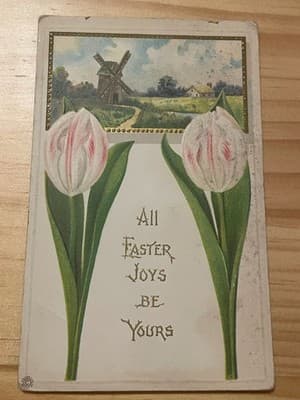 Vintage Easter Postcard Embossed Tulips Windmill Unused Unposted Gold Accents - Image 1