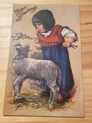 Vintage Easter Postcard Printed in Germany Embossed Child With Lamb BW 313 - Image 1