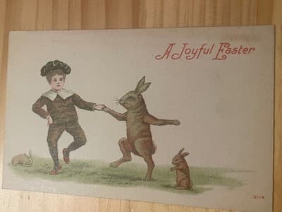 Vintage Embossed Easter Postcard A Joyful Easter Dancing Rabbits Unposted Art - Image 1