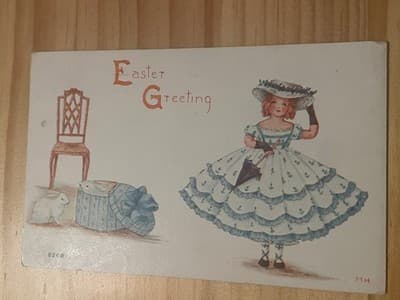 Vintage Easter Greeting Postcard Made in Germany Embossed Girl in Blue Dress
