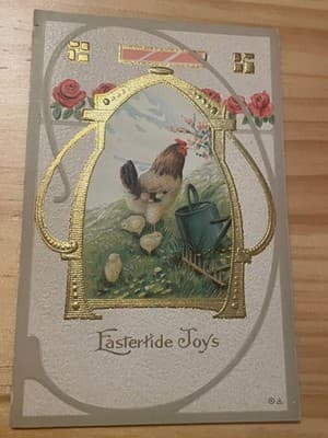 Vintage Embossed Easter Postcard Made in Germany Hen Chicks Gold Foil Postmark - Image 1