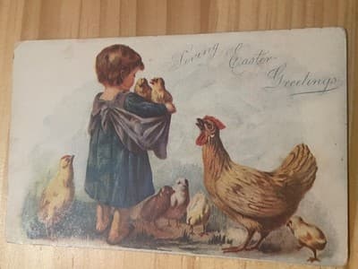 Vintage Easter Postcard Child Hen Chicks Loving Easter Greetings Postmarked
