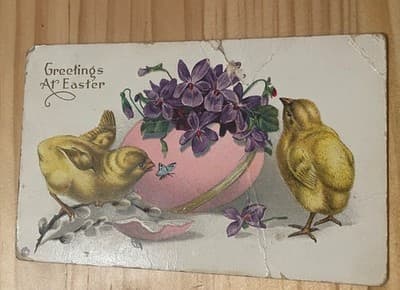 Vintage Easter Postcard Chicks Violets Pink Egg Embossed Chromo Unposted Worn - Image 1