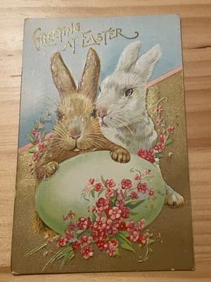 Vintage Easter Embossed Postcard Rabbits Green Egg Floral Gold Accents Unmailed - Image 1