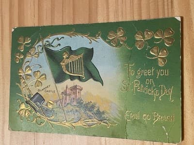 Vintage St Patricks Day Postcard Embossed Gold Foil Blarney Castle Green Irish - Image 1
