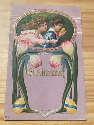 Vintage Embossed Easter Postcard Printed in Germany Children Tulips Gilded - Image 1