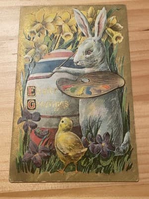 Vintage Embossed Easter Postcard Bunny Chick Daffodils Gold Foil Series 217 D - Image 1