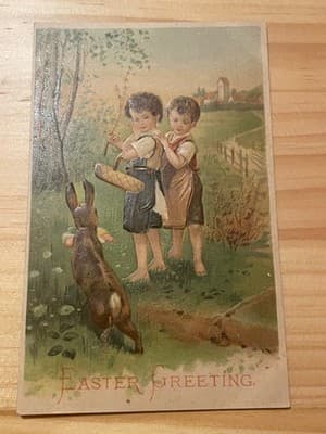 Easter Greeting Postcard Unposted Embossed Children Rabbit Divided Back Vintage - Image 1