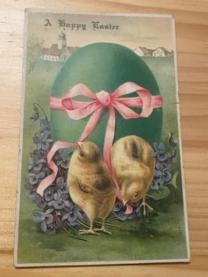 Vintage 1912 Easter Postcard Chicks Green Egg Pink Ribbon Happy Easter Ephemera - Image 1