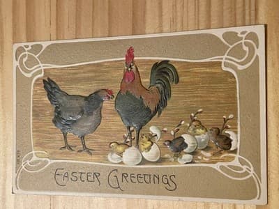 Vintage Easter Postcard Rooster Hen Chicks Made in U.S.A. Unposted Embossed - Image 1