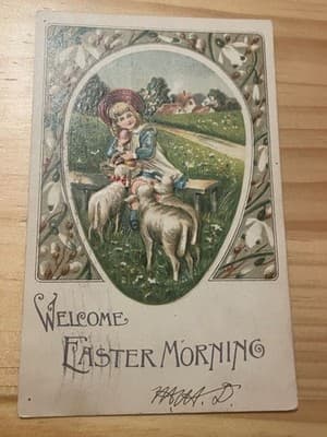 Vintage Easter Postcard 1918 Embossed Welcome Easter Morning Girl Lambs Antique - Image 1