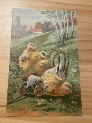 Vintage 1910 Embossed Easter Postcard Chicks in Basket Church Scene Unused - Image 1