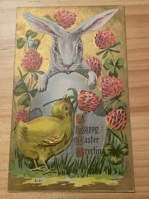 Vintage Embossed Easter Postcard Rabbit Chick Gold Clover 1c Stamp Mailed 1909 - Image 1
