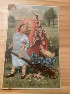 Vintage Embossed Easter Postcard Made in Germany Girl Wheelbarrow Chicken Wishes - Image 1