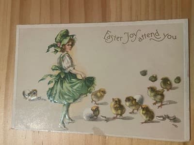 Vintage Easter Postcard Embossed Girl Chicks Antique Unposted Greeting Card - Image 1