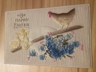 Vintage Embossed Easter Postcard Hen Chicks Blue Flowers Postmarked - Image 1