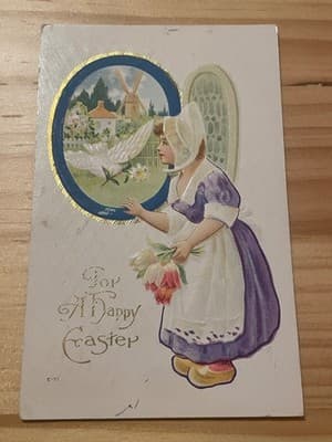 Vintage Embossed Easter Postcard Dutch Girl Tulips Windmill Postmarked Apr 22 - Image 1