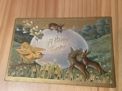 Vintage Easter Postcard Embossed Rabbits Chick Gold Border Printed in Germany - Image 1