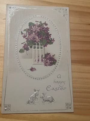 Vintage Easter Postcard Embossed Rabbits Violets Silver Foil Postmarked Nice - Image 1