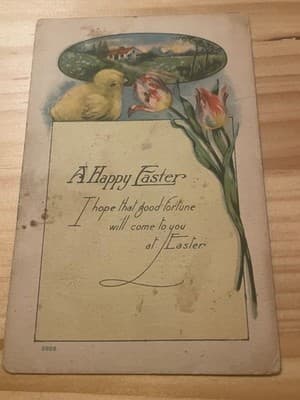 Vintage Easter Postcard Chick Tulips Divided Back Handwritten Back Made in USA - Image 1