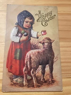 Vintage Easter Postcard A Happy Easter Lamb Child Eggs Postmarked 1c Stamp - Image 1