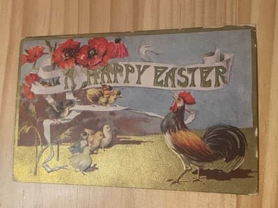 Vintage Easter Postcard Rooster Chicks Gold Embossed Postmarked 1c USA Addressed - Image 1