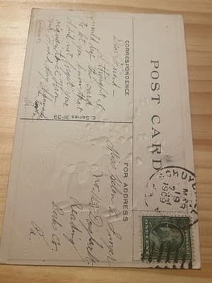 Easter Greetings Postcard Rooster Hen Embossed Mailed Postmark 1909 Vintage - Thumbnail 2