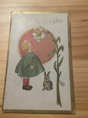 Vintage Easter Postcard Embossed Girl Bunny Lily Gold Border Postmarked 1911 - Image 1